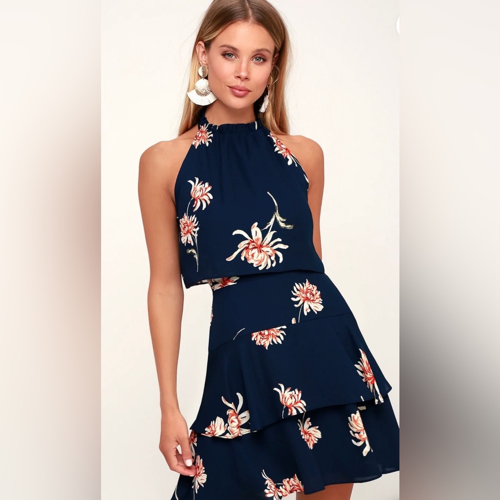 Garden Variety Navy Blue Floral Halter Dress